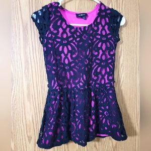 Amy Byer Girls Size 14 Black Lace over Hot Pink Short Sleeve Top